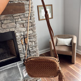 Camel Suede Woven Willow Camera Crossbody Bag