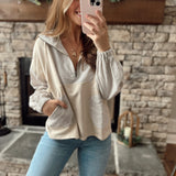 Taupe Coast Line Stripe Mix French Terry Half Zip