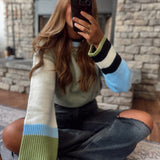 Go Getter Sage/Blue Multi Color Block Round Neck Cropped Sweater