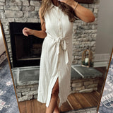 Jordyn Oatmeal Button Up Midi with Waist Tie