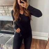 Black Layered Hem V Neck Long Sleeve