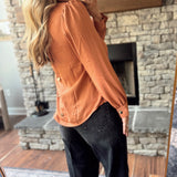 Boss Babe Terracotta Scallop Trim V-Neck Button Down Back Blouse