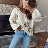 Cream Exposed Seam Flower Pattern Knit 3/4 Sleeve