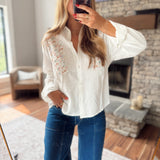 Pure Intentions White Button Up with Floral Embroidered Detailing