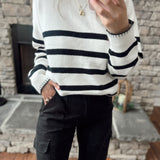 Comfortable Cuteness White/Black Striped Crew Sweater