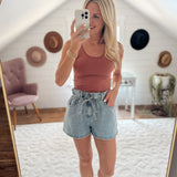 Light Denim Gathered Waist Shorts