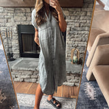 Greta Black Denim Mineral-Washed Short Sleeve Midi Dress