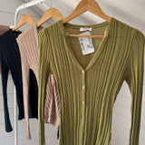 Bright Olive Clearly Alluring V Neck Button Down Knit Top