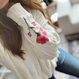 Ivory Flower Embroidered Cable Sweater Top