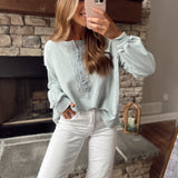 Jazzy Dusty Blue Embroidered French Terry Long Sleeve Henley