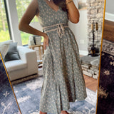 Olive/Taupe Floral Contrast Waist Midi