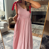 Red Destin Tie Strap Midi Dress