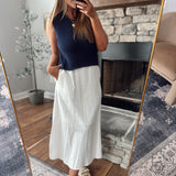 Navy Adrielle Mixed Media Midi Dress