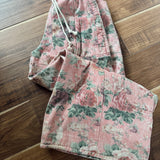 Pink Flower Printed Denim Drop Waist Pants