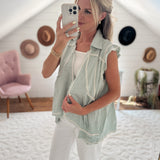Sierra Pale Teal Embroidery/Lace Detailing Collared Sleeveless Cardi