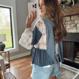Sunni Indigo V Neck Floral Lace Wide Sleeve Top