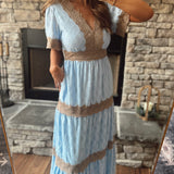 Lace Love Blue/Mocha V-Neck Short Sleeve Lace Maxi