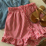Red Charming Gingham Print Shorts