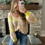 Bright Side Taupe Checkered Print V-Neck Sweater