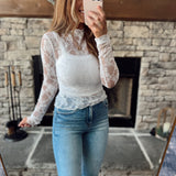 White Long Sleeve Floral Mesh Top