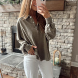 Olive Casual Outing Mineral Washed Polo Sweatshirt