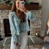 So Coastal Baby Blue Crochet Knit Hooded Cropped Button Down