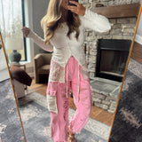 Kasha Barbie Pink Denim Crochet Patch Joggers