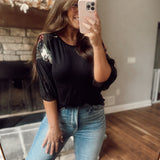 Dark Allure Black Knit Top with Detailed Sleeves