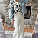 Monochrome Stripe Button Up Sweater Top & Pants Set