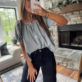 Black Scalloped Edge Gingham Button Down with Scrunchie