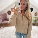 Beige Two Tone Half Zip Sweater