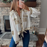 Warm Breeze Olive Multi Floral Gauze/Mesh Mix Hooded Button Down