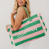 Bubblegum Pink/Emerald Striped Summer Beach Tote Bag