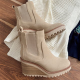 Corinne Sandy Beige Wedge Heel Slip On Bootie