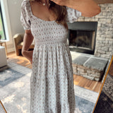 Cream Abstract Print Tiered Midi