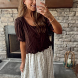 Chocolate Brown Scoop Neck Ruffled Button Down Babydoll Top