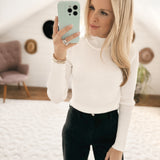 Winnie White Ribbed Knit Mock Neck Long Sleeve