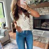 Just a Hint Butter Milk V Neck Lace Detailing Short Sleeve