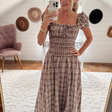Burgundy Plaid Ruffle Smocked Midi Dress