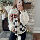 Cove Cream Multi Checkered and Crochet Knit Balloon Sleeve Button Up