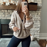 Taupe Oh So Comfy French Terry Fleece Quarter Zip with Hood