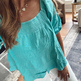 Washed Blue Smocked Puff Sleeve Gauze Top