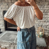 Ivory Floral Rose Pattern Off Shoulder Short Sleeve Top