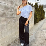 Exquisite Edge Black Satin Wide-Leg Pants