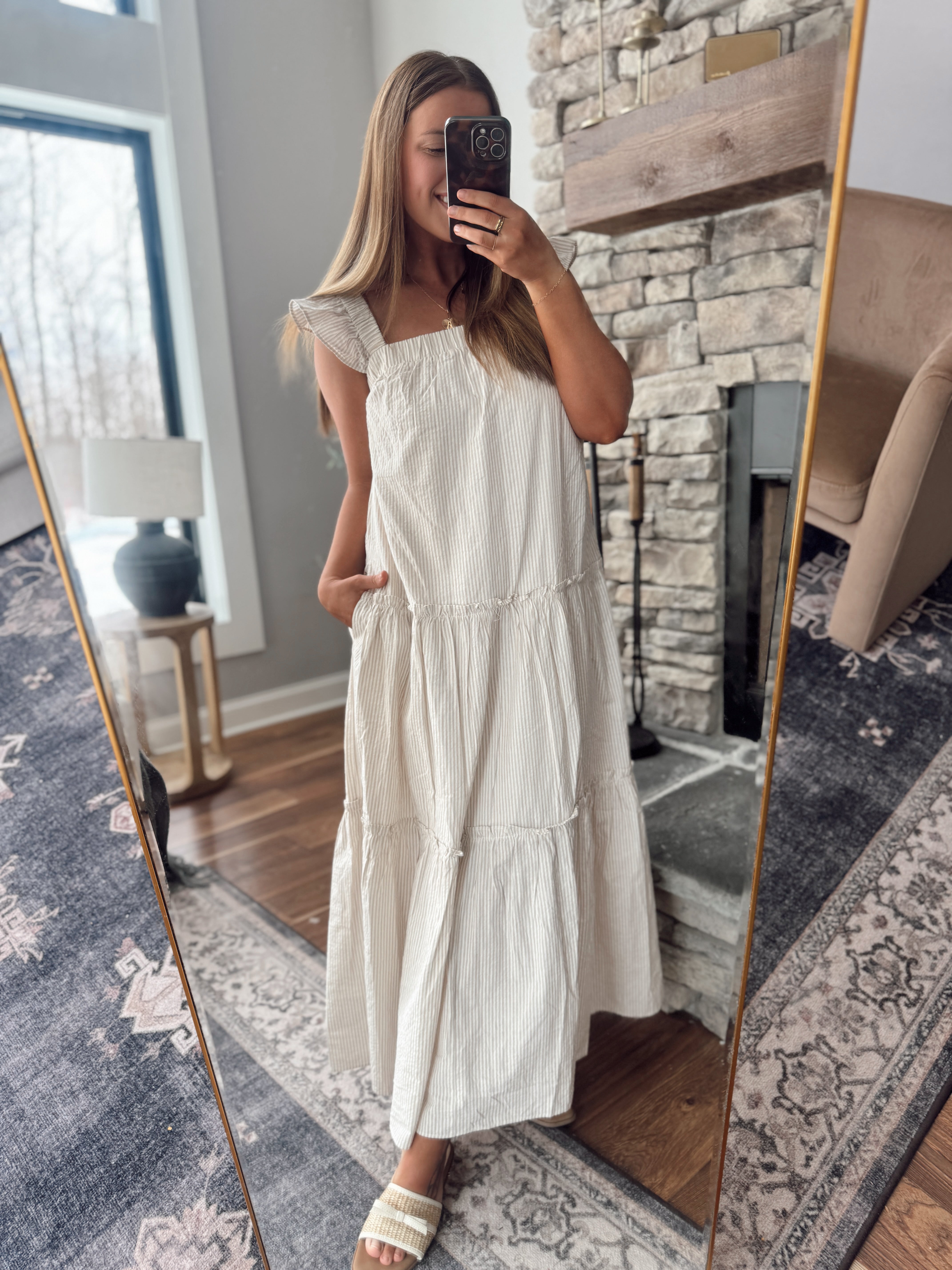 Cream Striped Tiered Midi Dress