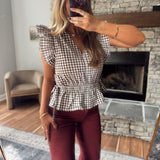 Brown Gingham Ruffle Peplum Top