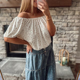 Ivory Floral Rose Pattern Off Shoulder Short Sleeve Top