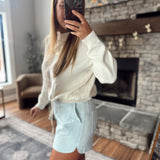 Sweet Sarah Blue Striped Linen Curved Side Slit Shorts