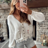 Ivory V-Neck Lace Trim Button Down Sweater