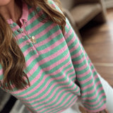 Pink Striped Half Button Sweater